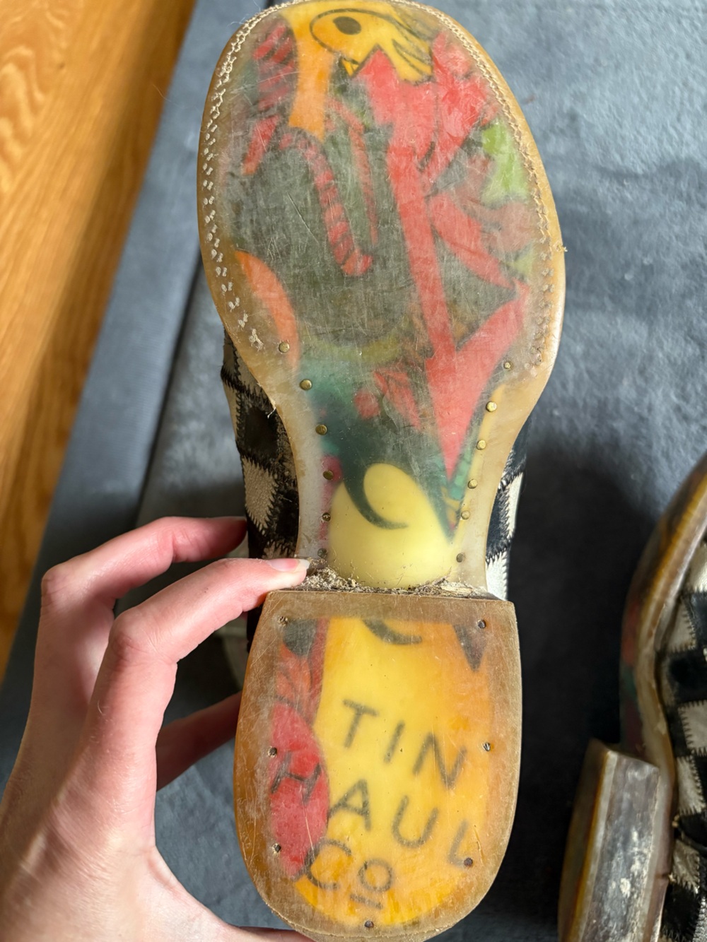 Tin Haul Checkerboard Western Cowboy Boots with Pink Flame Stitching size 7.5 - Picture 4 of 4